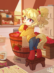 Size: 2250x3000 | Tagged: safe, artist:raineve, derpibooru exclusive, oc, oc only, pony, unicorn, barrel, boots, butt, clothes, cup, denim, female, food, high res, jam, jeans, mare, pants, plot, refrigerator, sandwich, shoes, solo, stool, strawberry, sweater, tea, teacup, towel