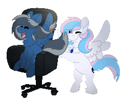 Size: 2500x2000 | Tagged: safe, alternate version, artist:euspuche, oc, oc only, oc:azure sapphire, oc:starburn, pegasus, pony, animated, bipedal, chair, dizzy, gif, high res, jewelry, necklace, office chair, simple background, sitting, spinning, standing, transparent background