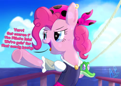 Size: 1754x1240 | Tagged: safe, artist:ace play, gummy, pinkie pie, alligator, earth pony, pony, g4, bandana, bipedal, clothes, dialogue, duo, ear piercing, earring, female, jewelry, mare, ocean, piercing, pirate, pirate pinkie pie, pointing, underhoof, water