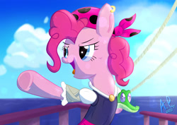 Size: 1754x1240 | Tagged: safe, alternate version, artist:ace play, gummy, pinkie pie, alligator, earth pony, pony, g4, bandana, bipedal, clothes, duo, ear piercing, earring, female, jewelry, mare, ocean, piercing, pirate, pirate pinkie pie, pointing, underhoof, water