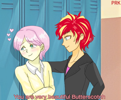 Size: 600x500 | Tagged: safe, artist:prk, edit, fluttershy, sunset shimmer, human, equestria girls, g4, anime style, blushing, butterscotch, clothes, dialogue, equestria guys, female, gay, glarescotch, heart, jacket, kabedon, lockers, male, rule 63, ship:sunshyne, shipping, sunset glare, sweater, sweatershy