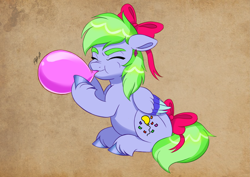 Size: 4961x3508 | Tagged: safe, artist:haruh_ink, oc, oc only, oc:fancy confetti, pegasus, pony, g5, balloon, blowing up balloons, bow, chubby, commission, commissioner:puffydearlysmith, cute, eyes closed, female, floppy ears, hair bow, inflating, mare, solo, tail, tail bow, unshorn fetlocks