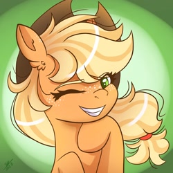 Size: 2048x2048 | Tagged: safe, artist:galaxy swirl, applejack, earth pony, pony, g4, applejack's hat, bust, cowboy hat, cute, ear fluff, ear freckles, eye clipping through hair, female, freckles, grin, hair tie, hat, high res, hoof under chin, jackabetes, looking at you, mare, one eye closed, portrait, smiling, solo, wink, winking at you