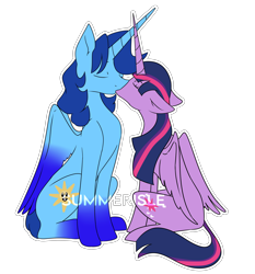 Size: 3260x3500 | Tagged: source needed, safe, artist:summerisle, twilight sparkle, oc, oc:blue thunder, alicorn, pony, g4, alicorn oc, canon x oc, duo, eyes closed, female, high res, horn, kiss on the lips, kissing, male, straight, thundersparkle, twilight sparkle (alicorn), wings