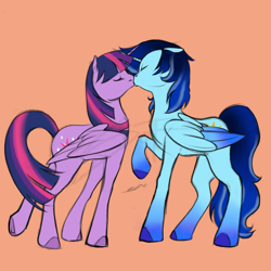 Size: 2048x2048 | Tagged: source needed, safe, artist:sofop, twilight sparkle, oc, oc:blue thunder, alicorn, pony, g4, alicorn oc, canon x oc, duo, eyes closed, female, high res, horn, kiss on the lips, kissing, male, straight, thundersparkle, twilight sparkle (alicorn), wings