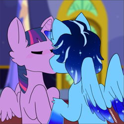 Size: 899x900 | Tagged: source needed, safe, artist:box, twilight sparkle, oc, oc:blue thunder, alicorn, pony, g4, alicorn oc, canon x oc, duo, eyes closed, female, horn, kiss on the lips, kissing, male, straight, thundersparkle, twilight sparkle (alicorn), wings