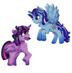 Size: 2056x2092 | Tagged: source needed, safe, artist:raxun, twilight sparkle, oc, oc:blue thunder, alicorn, pony, g4, alicorn oc, canon x oc, duo, female, high res, horn, male, simple background, straight, thundersparkle, transparent background, twilight sparkle (alicorn), wings