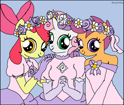 Size: 1280x1087 | Tagged: safe, artist:bunnytail73, apple bloom, scootaloo, sweetie belle, earth pony, pegasus, unicorn, anthro, a canterlot wedding, g4, adoracreepy, apple bloom's bow, bow, clothes, creepy, cute, cutie mark crusaders, dress, evening gloves, female, floral head wreath, flower, flower filly, flower girl, flower girl dress, gloves, hair bow, long gloves, poofy shoulders, princess daisy, princess peach, princess rosalina, puffy sleeves, request, rosalina, smiling, super mario bros., trio