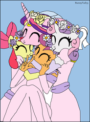 Size: 1280x1737 | Tagged: safe, artist:bunnytail73, apple bloom, princess cadance, scootaloo, sweetie belle, earth pony, anthro, a canterlot wedding, g4, ^^, apple bloom's bow, bow, bride, clothes, cute, cutie mark crusaders, daaaaaaaaaaaw, dress, eyes closed, floral head wreath, flower, flower filly, flower girl, flower girl dress, group hug, hair bow, hug, poofy shoulders, princess daisy, princess peach, princess rosalina, puffy sleeves, request, rosalina, smiling, super mario bros., wedding veil