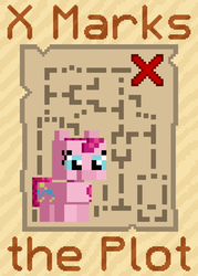 Size: 1120x1568 | Tagged: safe, artist:silk-rose, pinkie pie, g4, love and tolerance resource pack, map, minecraft, pixel art, sand, text, tiled background, upscaled