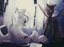 Size: 3762x2788 | Tagged: safe, artist:teturirusu, oc, oc only, oc:silver edge, changeling, pegasus, pony, blood, changeling oc, commission, grey hair, grey skin, high res, looking at each other, looking at someone, lying down, purple changeling, ych result