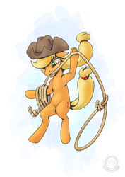 Size: 2171x3070 | Tagged: safe, artist:mysticalpha, applejack, earth pony, pony, g4, belly, bipedal, female, floppy ears, high res, hoof hold, lasso, magnetic hooves, mare, mouth hold, rope, signature, simple background, solo, white background