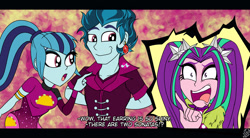 Size: 1920x1056 | Tagged: safe, artist:dncsamsonart, aria blaze, sonata dusk, equestria girls, equestria girls specials, g4, my little pony equestria girls: better together, my little pony equestria girls: sunset's backstage pass, clothes, dialogue, ear piercing, earring, equestria guys, female, happy, jewelry, male, piercing, r63 paradox, rule 63, scherzo lesto