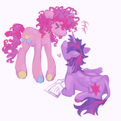 Size: 1786x1786 | Tagged: safe, artist:girl-bug 925, pinkie pie, twilight sparkle, alicorn, earth pony, pony, g4, ><, book, colored hooves, duo, eyes closed, female, folded wings, heart, leonine tail, lesbian, looking at someone, looking up, lying down, mare, mismatched hooves, prone, ship:twinkie, shipping, simple background, standing, tail, tongue out, twilight sparkle (alicorn), white background, wings, xp