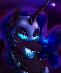 Size: 1455x1752 | Tagged: safe, artist:testostepone, part of a set, nightmare moon, alicorn, pony, g4, antagonist, big ears, blue eyes, blue mane, bust, crepuscular rays, curved horn, digital art, ethereal mane, eyeshadow, fangs, feather, female, flowing mane, glowing, glowing eyes, glowing mouth, helmet, horn, lidded eyes, looking at you, makeup, mare, moonlight, night, open mouth, open smile, peytral, portrait, smiling, smiling at you, solo, sparkles, starry mane, starry night, stars, sternocleidomastoid, teeth, villainess, wings