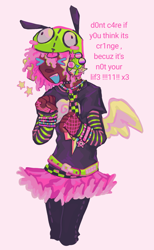 Size: 1164x1893 | Tagged: safe, artist:girl-bug 925, fluttershy, human, antonymph, cutiemarks (and the things that bind us), vylet pony, g4, ><, belt, bracelet, clenched fist, clothes, cute, cute little fangs, dark skin, denim, eyes closed, fangs, fingerless gloves, gir, gloves, humanized, invader zim, jeans, jewelry, mesh, necklace, necktie, nonbinary, nonbinary pride flag, pants, pride, pride flag, pride flag pin, rainbow dash's cutie mark, scene, skirt, solo, standing, stars, text, trans fluttershy, transgender, transgender pride flag, tutu, winged humanization, wings, x3, xd