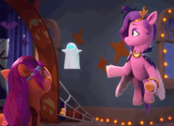 Size: 1412x1022 | Tagged: safe, screencap, pipp petals, sunny starscout, earth pony, pegasus, pony, g5, my little pony: make your mark, my little pony: make your mark chapter 5, nightmare on mane street, spoiler:g5, spoiler:my little pony: make your mark, spoiler:my little pony: make your mark chapter 5, spoiler:mymc05e06, animated, awkward, bedsheet ghost, belt, bowtie, bracelet, bump, cape, clothes, costume, crash, crescent moon, drone, eyeshadow, fail, female, flower, flying, gif, glasses, halloween, hat, headband, hippie, holiday, jewelry, makeup, mare, moon, necklace, nightmare night, peace sign, spider web, vest, witch, witch hat, witch pipp