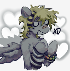 Size: 1280x1310 | Tagged: safe, artist:girl-bug 925, derpy hooves, pegasus, pony, g4, arm warmers, bandaid, bandaid on nose, blank eyes, bracelet, chest fluff, clothes, coontails, female, heart, jewelry, mare, scene, shoulder fluff, solo, spread wings, wings, xd