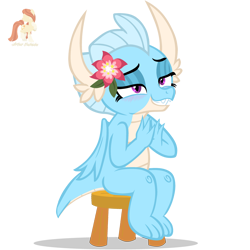 Size: 3500x3500 | Tagged: safe, artist:r4hucksake, oc, oc only, oc:avalanche, dragon, blushing, dragoness, female, high res, not smolder, recolor, simple background, sitting, solo, stool, transparent background
