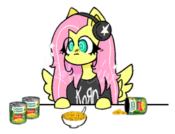 Size: 644x491 | Tagged: safe, artist:cutecandycane, fluttershy, pegasus, pony, g4, clothes, corn, food, headphones, korn, pixel-crisp art, pun, shirt, simple background, solo, t-shirt, transparent background, visual pun, watermark