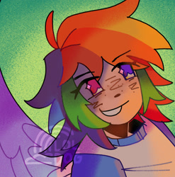 Size: 2026x2048 | Tagged: safe, artist:lawldog, rainbow dash, human, g4, clothes, heterochromia, high res, humanized, multicolored hair, rainbow hair, shirt, solo, winged humanization, wings