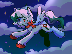 Size: 2048x1536 | Tagged: safe, artist:lawldog, oc, oc only, oc:splinter, pony, undead, zombie, zombie pony, bat wings, cloud, flying, neck bow, night, night sky, pegasus wings, sky, solo, wings