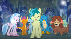 Size: 1120x622 | Tagged: safe, screencap, gallus, ocellus, sandbar, silverstream, smolder, yona, changedling, changeling, classical hippogriff, dragon, earth pony, griffon, hippogriff, pony, yak, g4, what lies beneath, bow, cloven hooves, dragoness, eyes closed, female, hair bow, male, monkey swings, student six