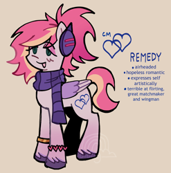 Size: 1182x1194 | Tagged: safe, artist:lawldog, oc, oc only, oc:remedy, pegasus, pony, bracelet, clothes, headphones, jewelry, pegasus oc, scarf, simple background, solo, yellow background