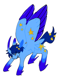 Size: 1536x2048 | Tagged: artist needed, source needed, safe, oc, oc only, oc:blue thunder, alicorn, pony, alicorn oc, colored wings, curved horn, horn, simple background, solo, transformation, two toned wings, white background, wings