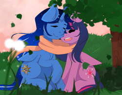 Size: 1792x1390 | Tagged: artist needed, source needed, safe, twilight sparkle, oc, oc:blue thunder, alicorn, pony, g4, alicorn oc, canon x oc, clothes, duo, eyes closed, female, horn, leaves, male, scarf, shared clothing, shared scarf, straight, thundersparkle, tree, twilight sparkle (alicorn), wings