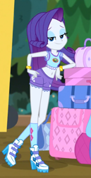 Size: 508x981 | Tagged: safe, edit, edited screencap, screencap, rarity, equestria girls, g4, my little pony equestria girls: legend of everfree, belly button, bracelet, camp everfree logo, camp everfree outfits, clothes, cropped, exposed belly, female, jewelry, looking at you, midriff, short shirt, shorts, solo