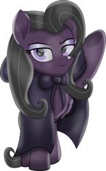 Size: 3501x5664 | Tagged: safe, artist:php178, oc, oc:bittersweet nocturne, pegasus, pony, octavia in the underworld's cello, my little pony: the movie, .svg available, black mane, black tail, bowtie, cape, clothes, commission, commissioner:sazerlite, condescending, eyebrows, female, hair over one eye, highlights, hooded cape, hoof heart, inkscape, lidded eyes, lifting, looking at you, mare, movie accurate, pegasus oc, purple, purple eyes, raised eyebrow, raised hoof, sassy, shiny, simple background, smiling, smiling at you, solo, svg, tail, transparent background, underhoof, upside-down hoof heart, vector