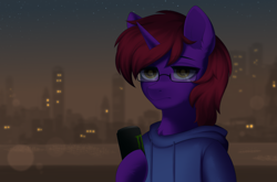 Size: 3461x2286 | Tagged: safe, artist:alunedoodle, oc, oc only, pony, unicorn, city, clothes, drink, energy drink, glasses, high res, hoodie, male, solo
