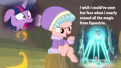 Size: 1000x563 | Tagged: safe, edit, edited screencap, editor:incredibubbleirishguy, screencap, cozy glow, starlight glimmer, twilight sparkle, pegasus, pony, frenemies (episode), g4, school raze, clothes, female, filly, flashback, hat, quote, text, winter clothes, winter coat, winter hat, winter outfit