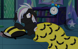 Size: 3034x1914 | Tagged: safe, artist:pastelnightyt, oc, oc only, oc:night painter, bat pony, pony, alarm clock, base used, blanket, clock, female, mare, pillow, solo, twilight's castle