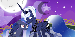 Size: 2893x1427 | Tagged: safe, artist:pastelnightyt, princess luna, oc, oc:moon star, bat pony, pony, g4, alternate design, base used, closed mouth, colored wings, crown, ears back, ethereal hair, ethereal mane, ethereal tail, eyeshadow, female, folded wings, gradient mane, gradient tail, hug, jewelry, looking at each other, looking at someone, makeup, mare, moon, mother and child, mother and daughter, parent:oc:night shield, parent:princess luna, parents:canon x oc, peytral, red eyes, regalia, smiling, sparkly mane, sparkly tail, starry mane, starry tail, tail, tiara, white-haired luna, winghug, wings