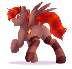 Size: 3332x3169 | Tagged: safe, artist:mariashek, oc, oc only, oc:hardy, alicorn, pony, blushing, butt, butt fluff, clothes, dock, featureless crotch, full body, high res, male, plot, rear view, simple background, socks, solo, spread wings, stallion, striped socks, surprised, tail, white background, wings