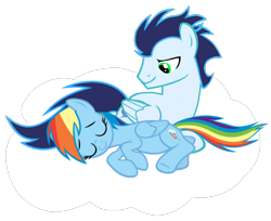 Size: 1216x994 | Tagged: safe, anonymous artist, rainbow dash, soarin', pegasus, pony, g4, cloud, female, male, mare, ship:soarindash, shipping, simple background, sleeping, stallion, straight, transparent background