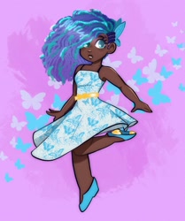 Size: 1710x2048 | Tagged: safe, artist:indigohatetrain, misty brightdawn, human, g5, abstract background, bare shoulders, butterfly hairpin, clothes, commissioner:briarlight, cornrows, cute, dark skin, dress, female, freckles, hair accessory, humanized, looking at you, midair, mistybetes, raised arm, raised leg, shoes, sleeveless, solo, sundress