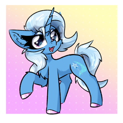 Size: 2000x2000 | Tagged: safe, artist:jubyskylines, trixie, pony, unicorn, g4, abstract background, chest fluff, colored hooves, cute, diatrixes, ear fluff, female, gradient background, high res, horn, looking at you, mare, open mouth, open smile, passepartout, raised hoof, smiling, smiling at you, solo, unshorn fetlocks