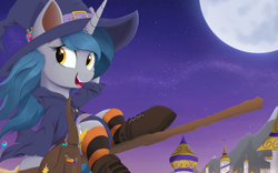 Size: 3000x1866 | Tagged: safe, artist:arcane-thunder, oc, oc only, oc:arcane thunder, pony, unicorn, bag, boots, broom, canterlot, clothes, fangs, female, flying, flying broomstick, halloween, hat, high res, holiday, horn, mare, moon, night, open mouth, open smile, potion, rule 63, shoes, sitting, smiling, socks, solo, striped socks, unicorn oc, vial, witch, witch hat