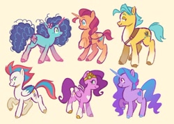Size: 720x513 | Tagged: safe, artist:nikofergi, hitch trailblazer, izzy moonbow, misty brightdawn, pipp petals, sunny starscout, zipp storm, alicorn, earth pony, pegasus, pony, unicorn, g5, alicornified, cornrows, cute, fake cutie mark, looking at each other, looking at someone, male, mane five, mane six (g5), mistybetes, race swap, redesign, simple background, stallion, sunnycorn, yellow background