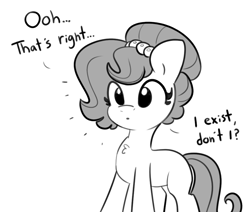 Size: 936x792 | Tagged: safe, artist:tjpones, oc, oc only, oc:brownie bun, earth pony, pony, horse wife, black and white, chest fluff, cute, dialogue, emanata, female, grayscale, mare, meta, monochrome, simple background, solo, white background