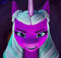 Size: 1128x1072 | Tagged: safe, screencap, opaline arcana, alicorn, pony, g5, my little pony: make your mark, my little pony: make your mark chapter 5, nightmare on mane street, spoiler:g5, spoiler:my little pony: make your mark, spoiler:my little pony: make your mark chapter 5, spoiler:mymc05e06, animated, cropped, evil grin, evil laugh, female, gif, grin, laughing, looking at you, mare, smiling, solo