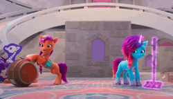 Size: 1592x912 | Tagged: safe, screencap, misty brightdawn, sparky sparkeroni, sunny starscout, bird, dragon, earth pony, pony, seagull, unicorn, g5, my little pony: make your mark, my little pony: make your mark chapter 5, nightmare on mane street, spoiler:g5, spoiler:my little pony: make your mark, spoiler:my little pony: make your mark chapter 5, spoiler:mymc05e06, animated, barrel, broom, chase, cleaning, cute, female, flying, gif, magic, mare, mistybetes, rebirth misty, rolling, running, sunnybetes, sweeping, telekinesis