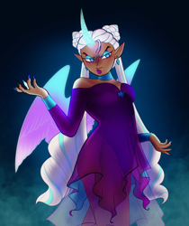 Size: 860x1024 | Tagged: safe, artist:catmintyt, opaline arcana, human, g5, clothes, dark skin, dress, female, horn, horned humanization, humanized, solo, transparent wings, winged humanization, wings