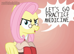Size: 1484x1080 | Tagged: safe, artist:zeffdakilla, fluttershy, pegasus, pony, g4, animated, clothes, coat, cute, evil, evil grin, flash, fluttermedic, flying, glasses, gradient background, grin, if that's okay with you, medic, medic (tf2), no sound, raised hoof, raised leg, shyabetes, smiling, solo, speech bubble, team fortress 2, text, webm