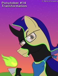 Size: 1250x1635 | Tagged: safe, artist:alejandrogmj, artist:wasisi, oc, oc:chicken claws, oc:wasisi, changeling, pegasus, pony, changeling oc, clothes, disguise, disguised changeling, fire, glasses, gradient background, looking at you, mid-transformation, pegasus oc, raised hoof, scarf, transformation