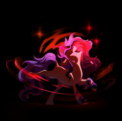 Size: 2980x2957 | Tagged: safe, artist:kraytt-05, oc, oc only, oc:milou, pony, unicorn, black background, female, glowing, glowing horn, high res, horn, magic, mare, nose in the air, open mouth, open smile, simple background, smiling, solo, standing on two hooves