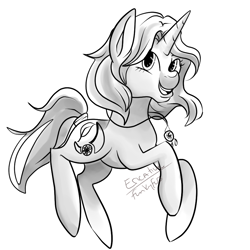 Size: 900x900 | Tagged: safe, artist:erieillustrates, oc, oc only, oc:dream catcher, pony, unicorn, dreamcatcher, female, grayscale, horn, looking at you, mare, monochrome, open mouth, open smile, signature, simple background, smiling, solo, tail, unicorn oc, white background